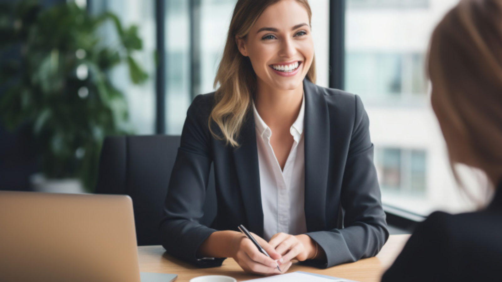 Female hiring manager interviewing a job candidate in her office